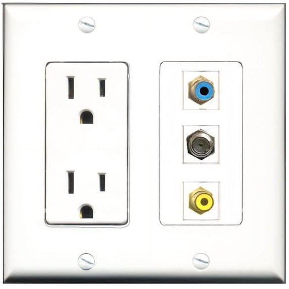 RiteAV - 15 Amp Power Outlet 1 Port RCA Yellow 1 Port RCA Blue 1 Port Coax Decorative Wall Plate
