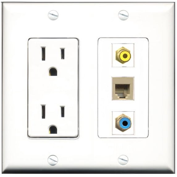 RiteAV - 15 Amp Power Outlet 1 Port RCA Yellow 1 Port RCA Blue 1 Port Phone Beige Decorative Wall Plate