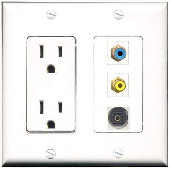 RiteAV - 15 Amp Power Outlet 1 Port RCA Yellow 1 Port RCA Blue 1 Port Toslink Decorative Wall Plate