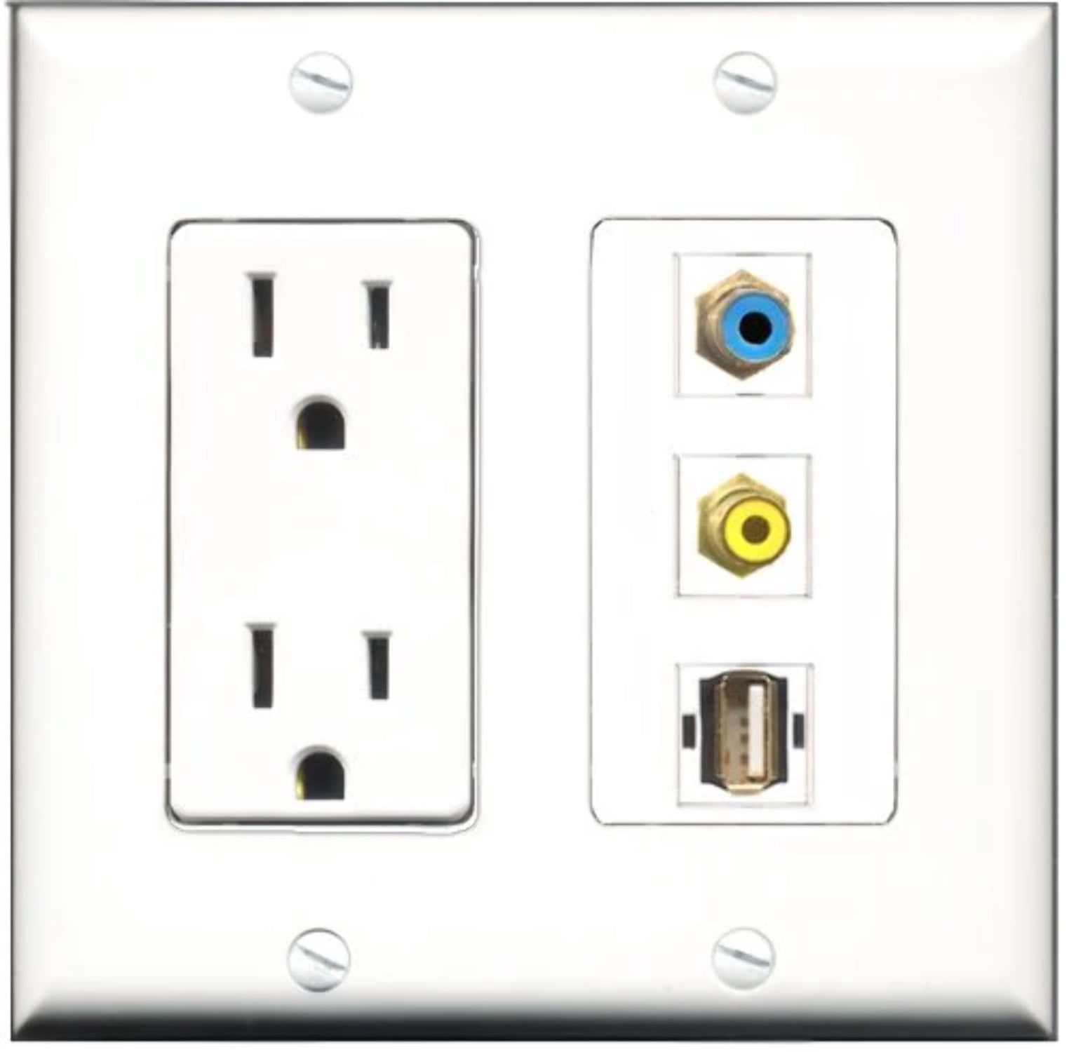RiteAV - 15 Amp Power Outlet 1 Port RCA Yellow 1 Port RCA Blue 1 Port USB A-A Decorative Wall Plate