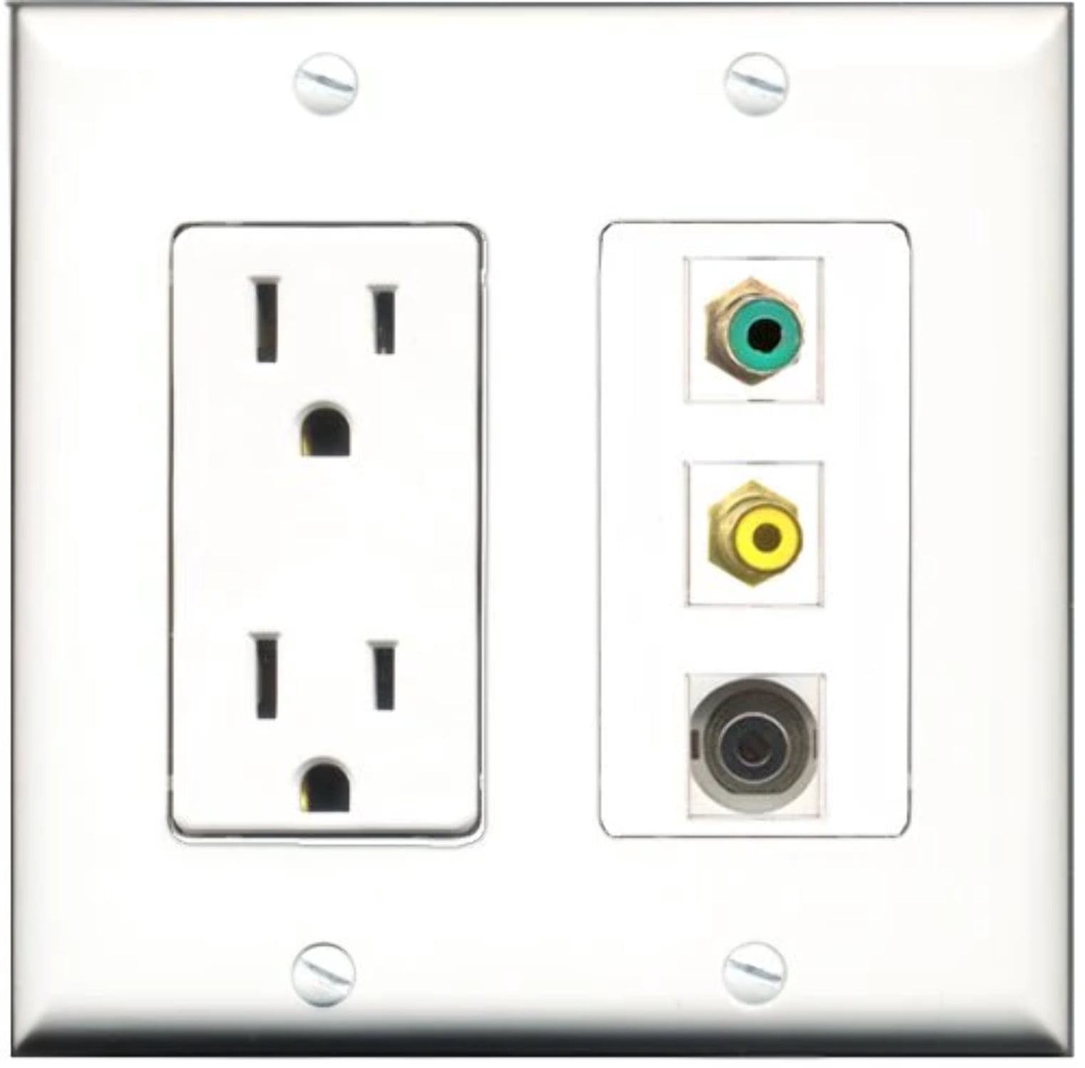 RiteAV - 15 Amp Power Outlet 1 Port RCA Yellow 1 Port RCA Green 1 Port 3.5mm Decorative Wall Plate