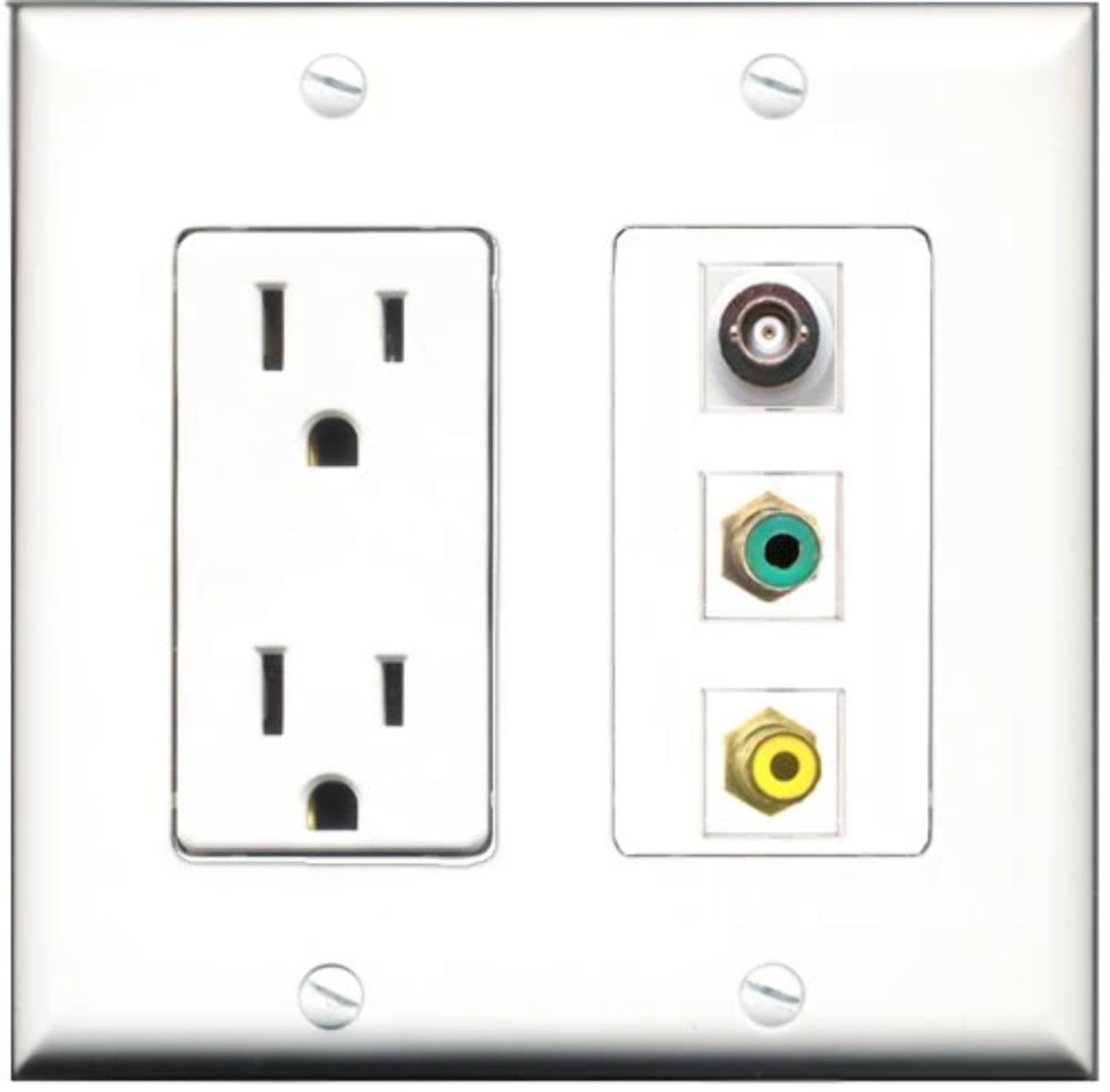 RiteAV - 15 Amp Power Outlet 1 Port RCA Yellow 1 Port RCA Green 1 Port BNC Decorative Wall Plate
