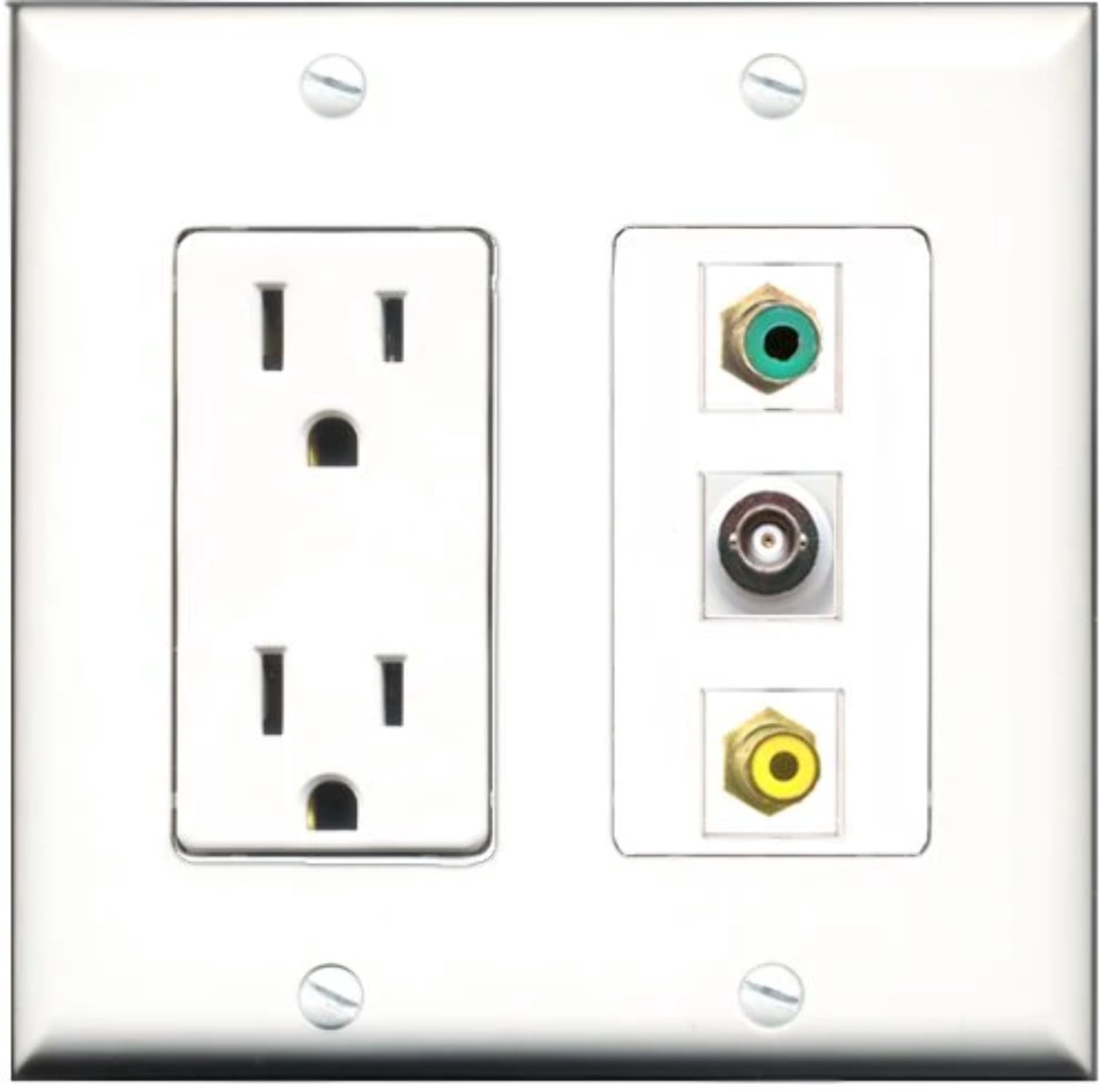 RiteAV - 15 Amp Power Outlet 1 Port RCA Yellow 1 Port RCA Green 1 Port BNC Decorative Wall Plate