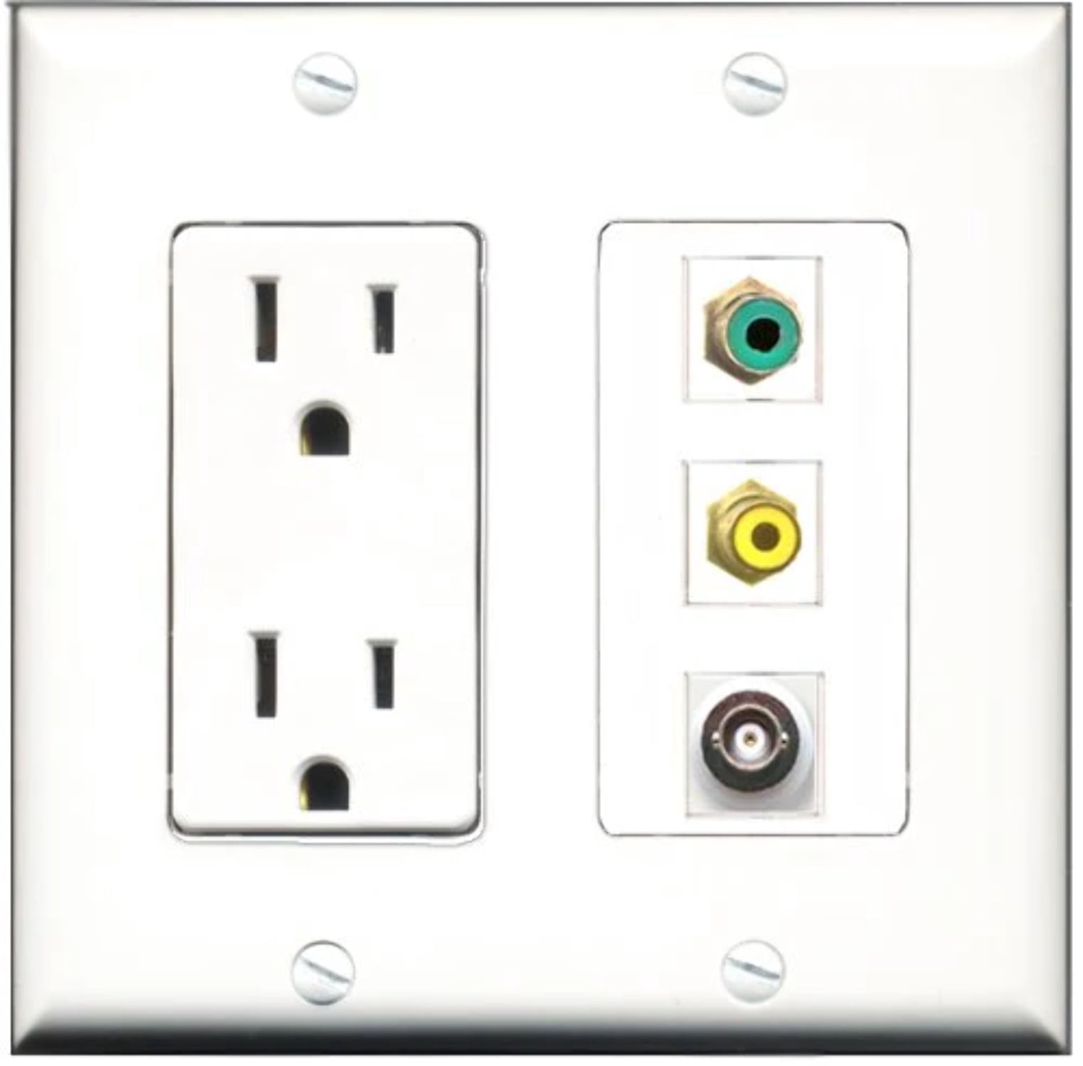 RiteAV - 15 Amp Power Outlet 1 Port RCA Yellow 1 Port RCA Green 1 Port BNC Decorative Wall Plate