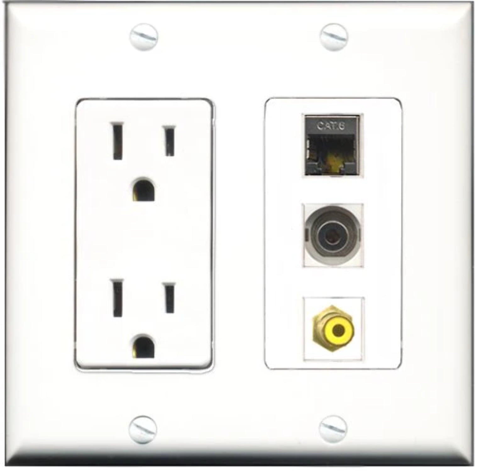 RiteAV - 15 Amp Power Outlet 1 Port RCA Yellow 1 Port Shielded Cat6 Ethernet Ethernet 1 Port 3.5mm Decorative Wall Plate