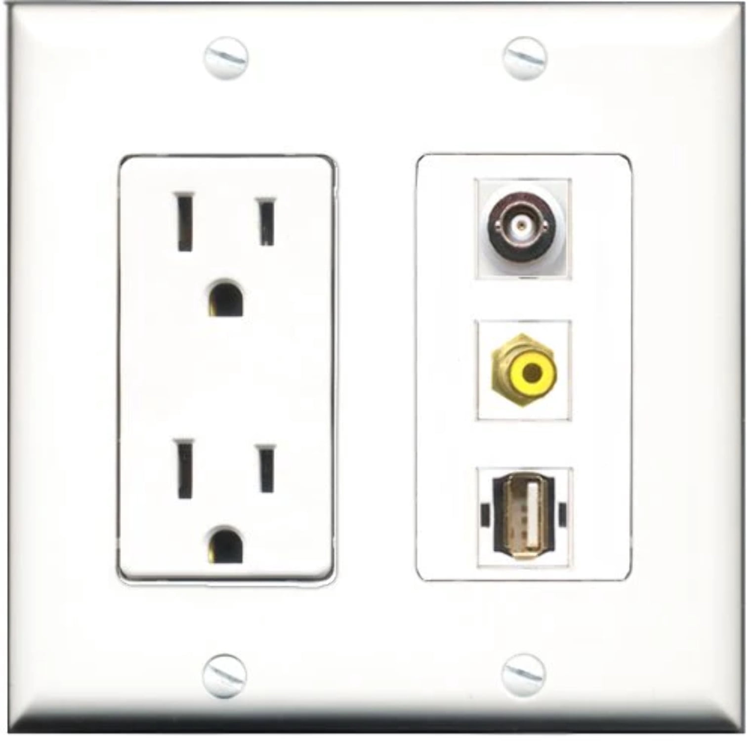 RiteAV - 15 Amp Power Outlet 1 Port RCA Yellow 1 Port USB A-A 1 Port BNC Decorative Wall Plate