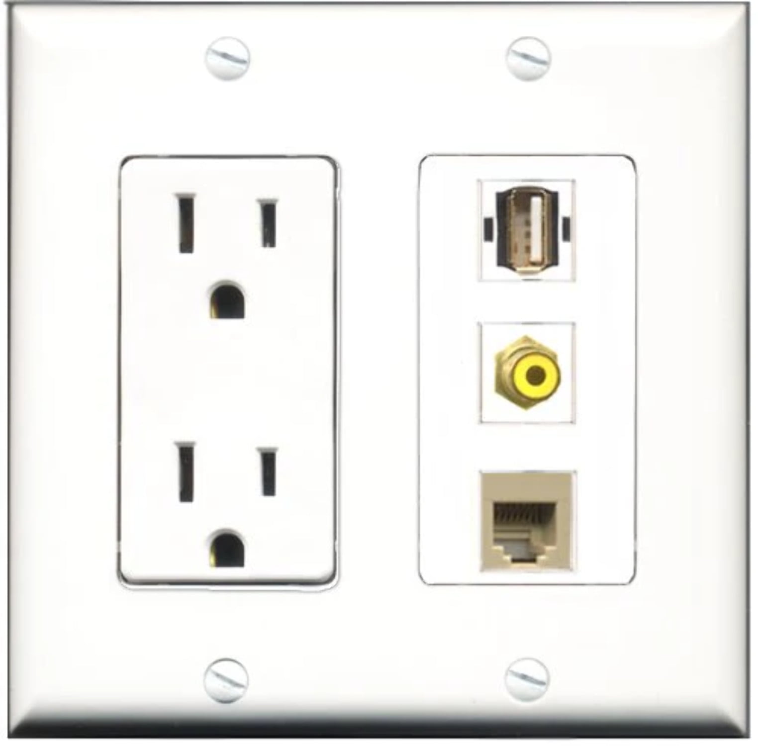 RiteAV - 15 Amp Power Outlet 1 Port RCA Yellow 1 Port USB A-A 1 Port Phone Beige Decorative Wall Plate