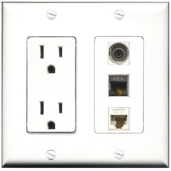 RiteAV - 15 Amp Power Outlet 1 Port Shielded Cat6 Ethernet Ethernet 1 Port 3.5mm 1 Port Cat6 Ethernet Ethernet White Decorative Wall Plate