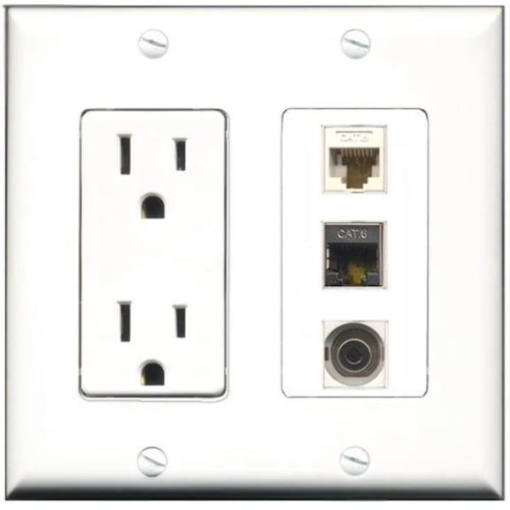 RiteAV - 15 Amp Power Outlet 1 Port Shielded Cat6 Ethernet Ethernet 1 Port 3.5mm 1 Port Cat6 Ethernet Ethernet White Decorative Wall Plate