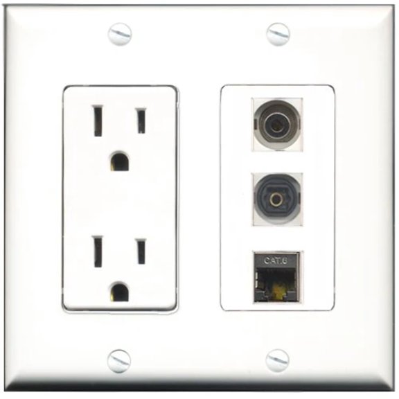 RiteAV - 15 Amp Power Outlet 1 Port Shielded Cat6 Ethernet Ethernet 1 Port Toslink 1 Port 3.5mm Decorative Wall Plate