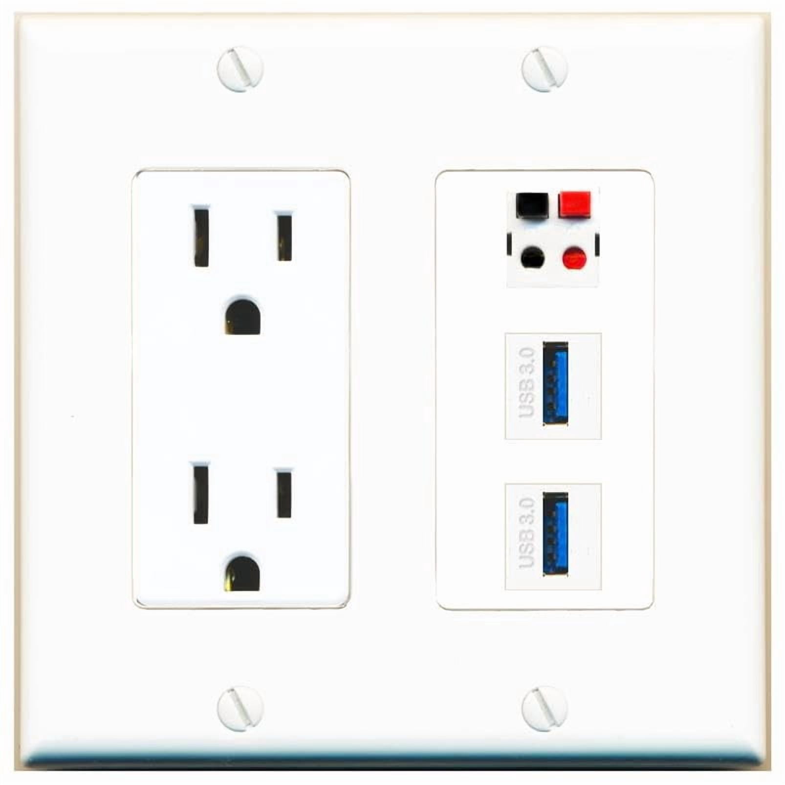 RiteAV 15 Amp Power Outlet 1 Port Speaker 2 USB-3 Jack Coupler Female-Female Decorative Wall Plate [White]