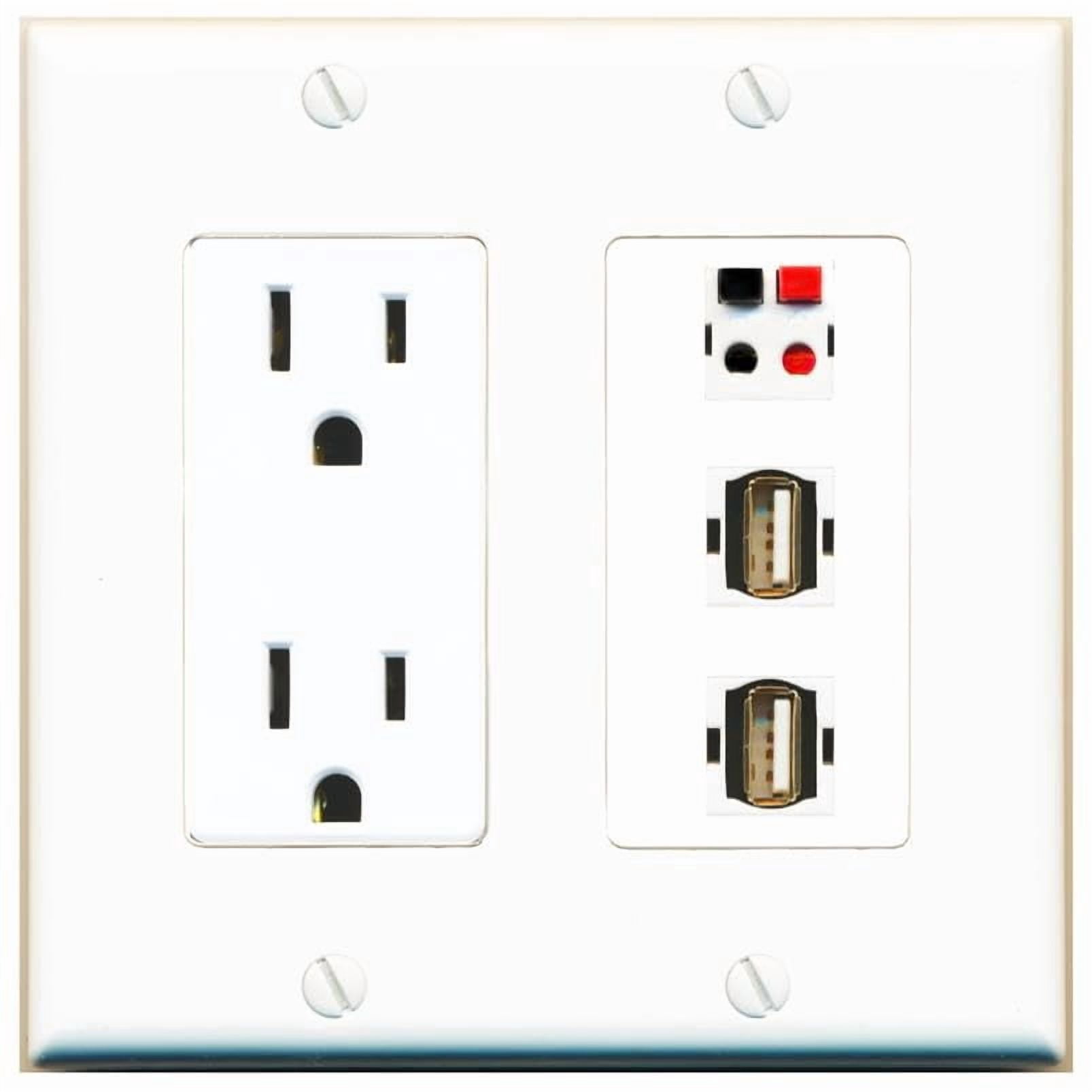 RiteAV 15 Amp Power Outlet 1 Port Speaker 2 USB2 Jack Coupler Female-Female Decorative Wall Plate [White]