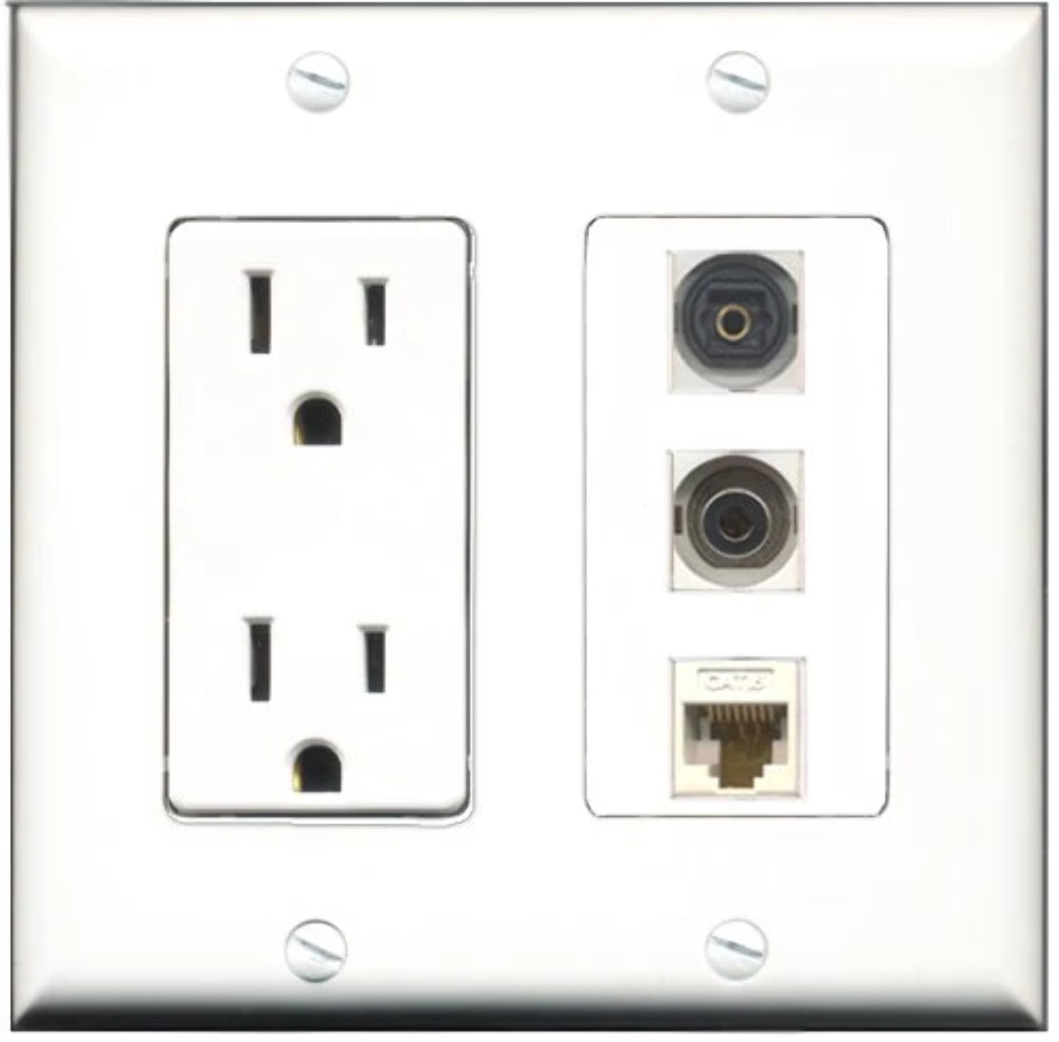 RiteAV - 15 Amp Power Outlet 1 Port Toslink 1 Port 3.5mm 1 Port Cat6 Ethernet Ethernet White Decorative Wall Plate