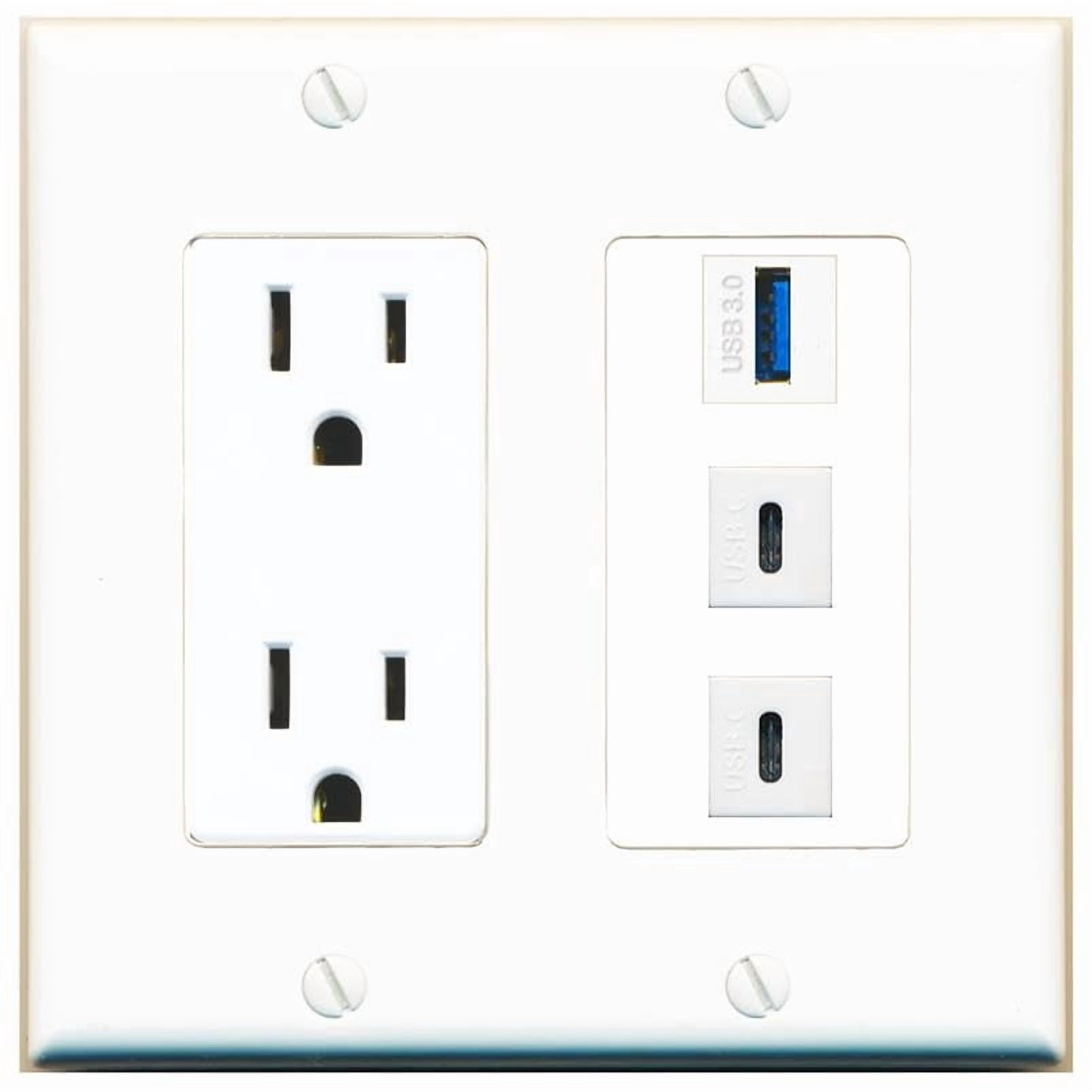 RiteAV 15 Amp Power Outlet 1 Port USB-3 2 USBC Jack Coupler Female-Female Decorative Wall Plate [White]