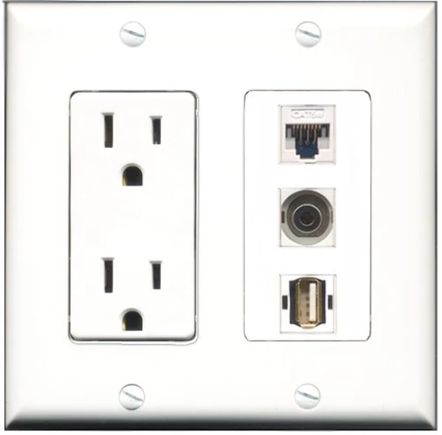 RiteAV - 15 Amp Power Outlet 1 Port USB A-A 1 Port 3.5mm 1 Port Cat5e Ethernet White Decorative Wall Plate
