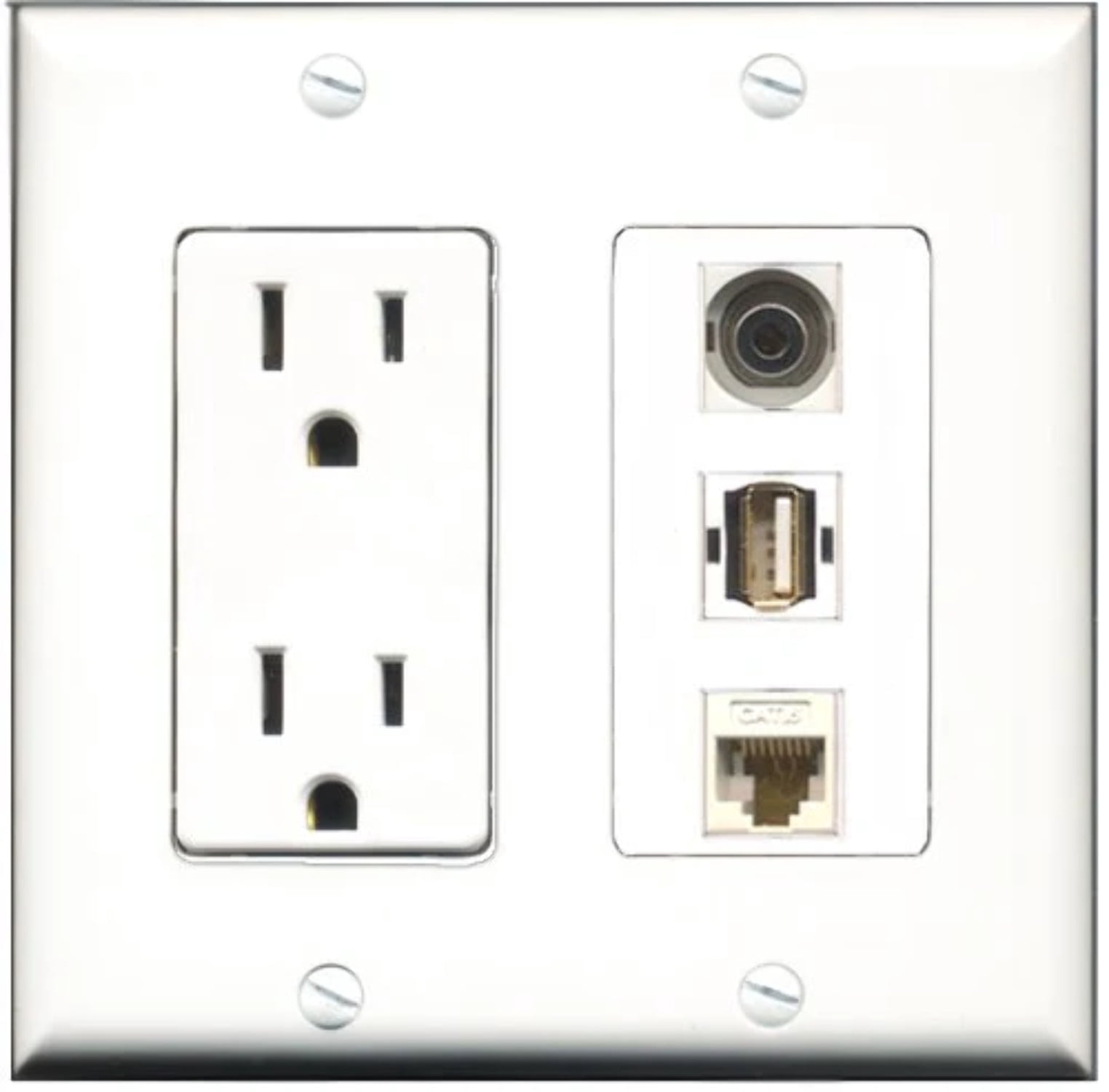 RiteAV - 15 Amp Power Outlet 1 Port USB A-A 1 Port 3.5mm 1 Port Cat6 Ethernet Ethernet White Decorative Wall Plate