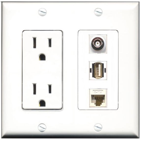 RiteAV - 15 Amp Power Outlet 1 Port USB A-A 1 Port BNC 1 Port Cat6 Ethernet Ethernet White Decorative Wall Plate