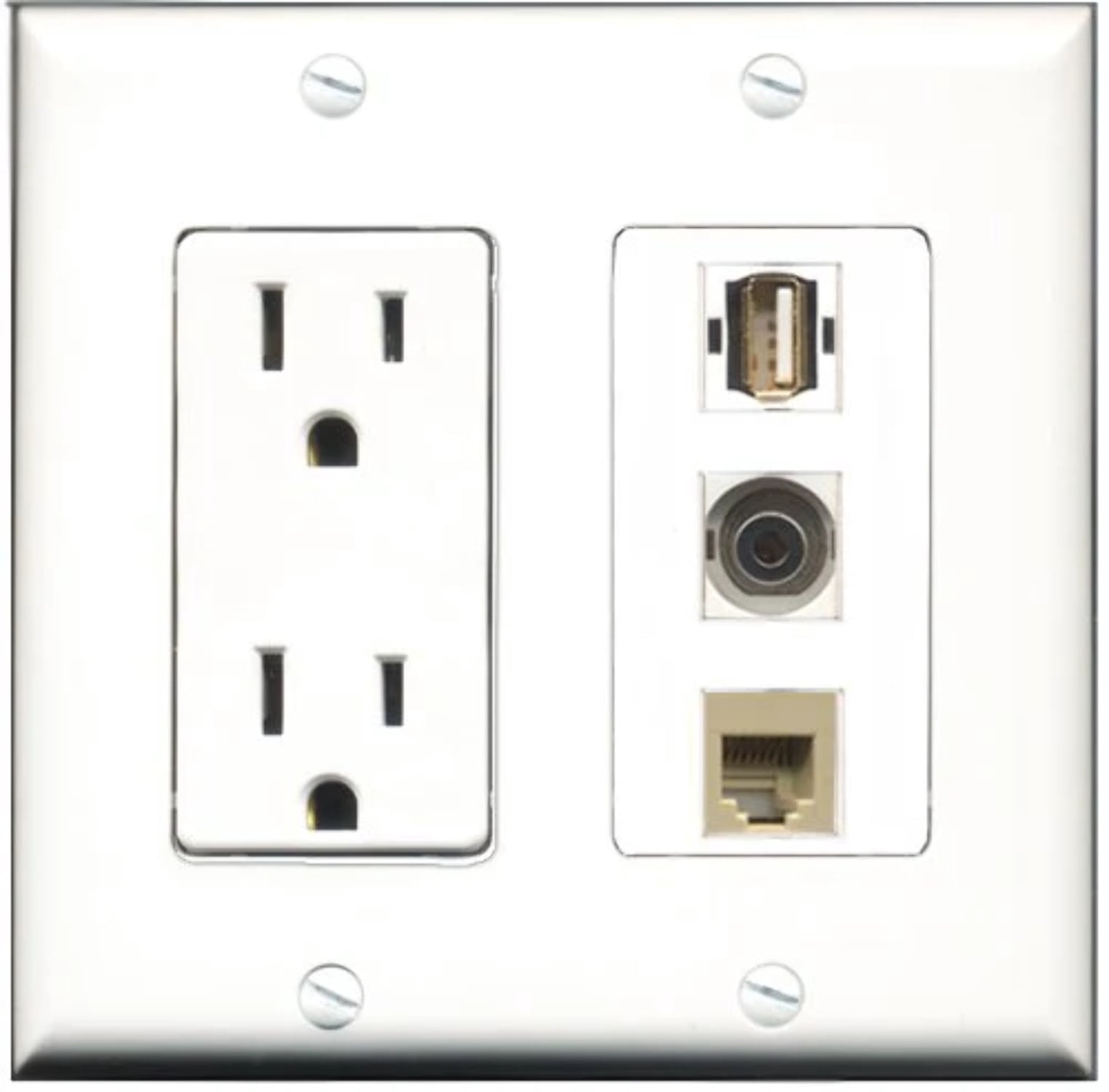RiteAV - 15 Amp Power Outlet 1 Port USB A-A 1 Port Phone Beige 1 Port 3.5mm Decorative Wall Plate