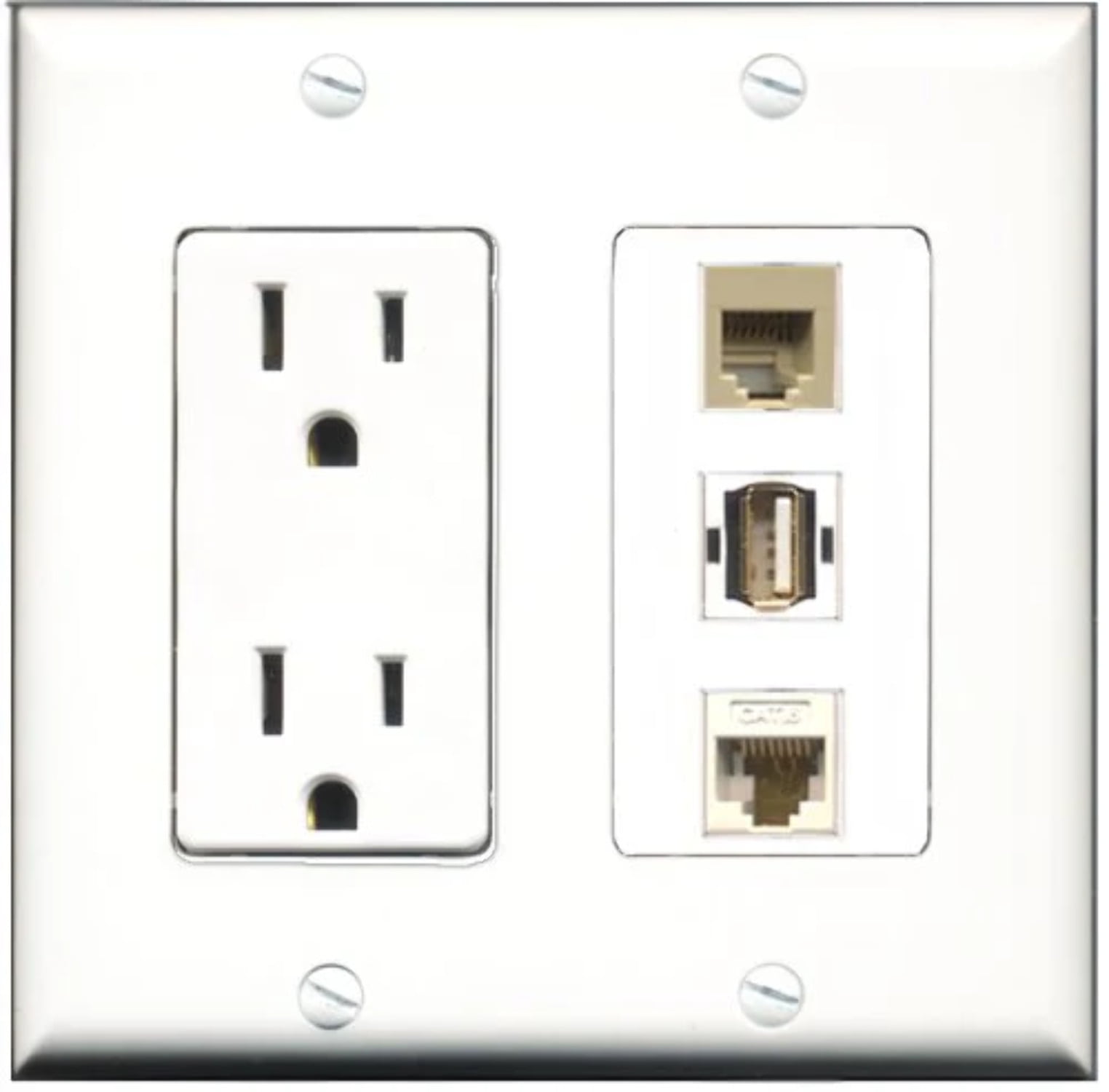 RiteAV - 15 Amp Power Outlet 1 Port USB A-A 1 Port Phone Beige 1 Port Cat6 Ethernet Ethernet White Decorative Wall Plate