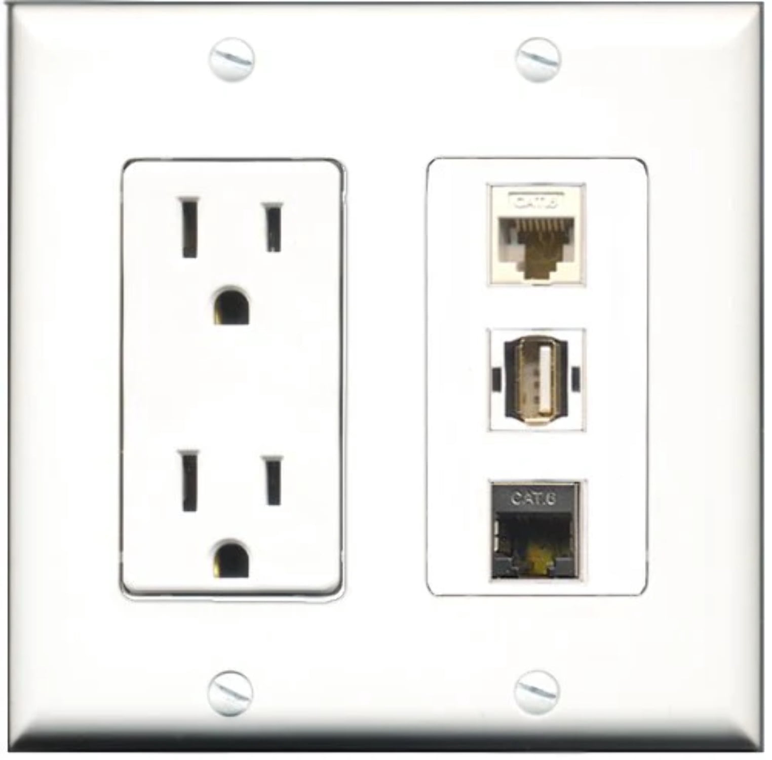 RiteAV - 15 Amp Power Outlet 1 Port USB A-A 1 Port Shielded Cat6 Ethernet Ethernet 1 Port Cat6 Ethernet Ethernet White Decorative Wall Plate