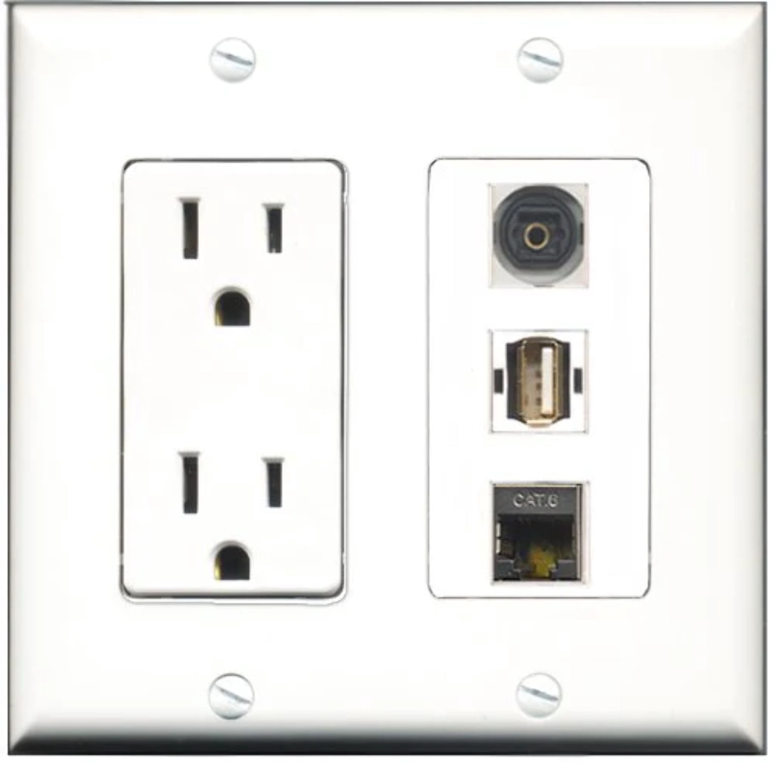 RiteAV - 15 Amp Power Outlet 1 Port USB A-A 1 Port Shielded Cat6 Ethernet Ethernet 1 Port Toslink Decorative Wall Plate