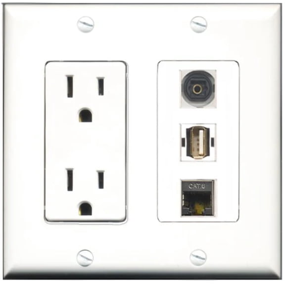RiteAV - 15 Amp Power Outlet 1 Port USB A-A 1 Port Shielded Cat6 Ethernet Ethernet 1 Port Toslink Decorative Wall Plate