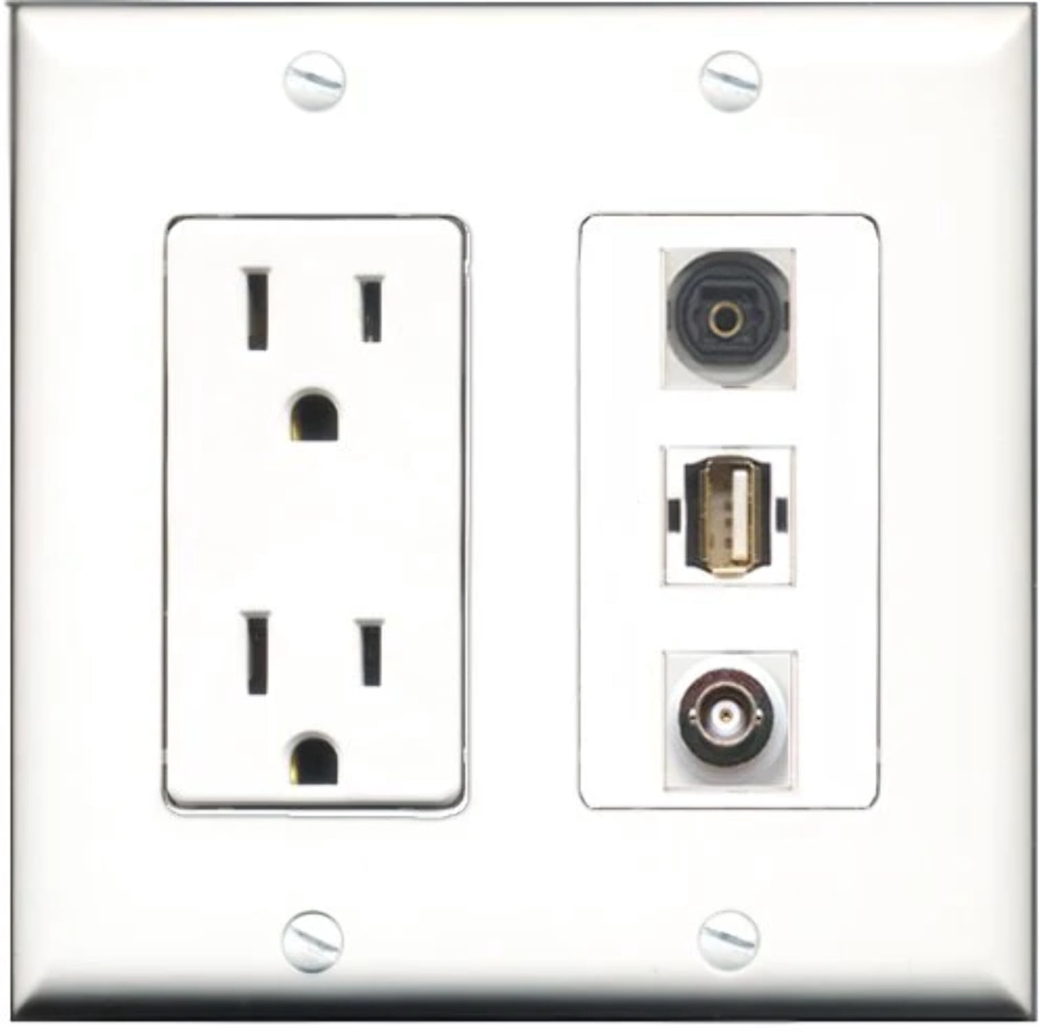 RiteAV - 15 Amp Power Outlet 1 Port USB A-A 1 Port Toslink 1 Port BNC Decorative Wall Plate