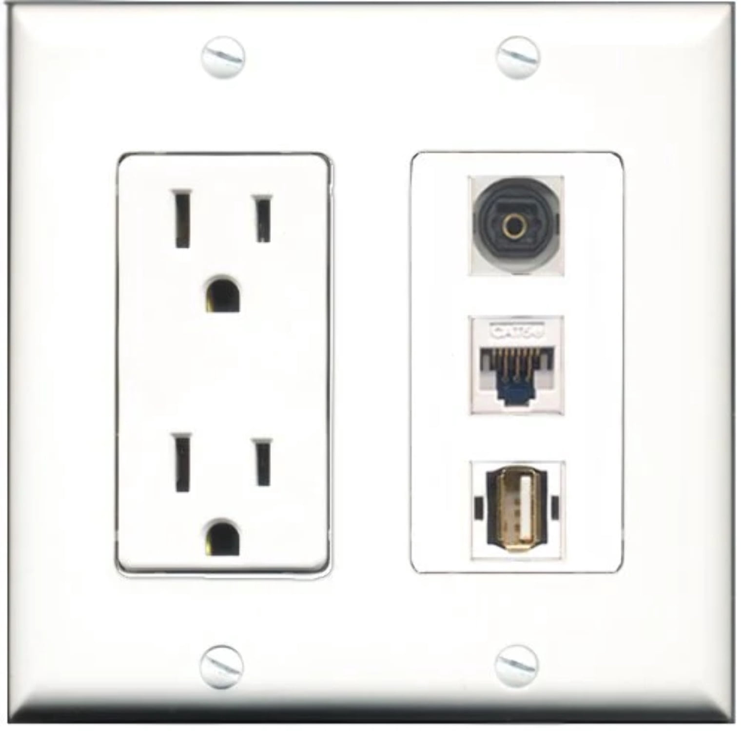 RiteAV - 15 Amp Power Outlet 1 Port USB A-A 1 Port Toslink 1 Port Cat5e Ethernet White Decorative Wall Plate