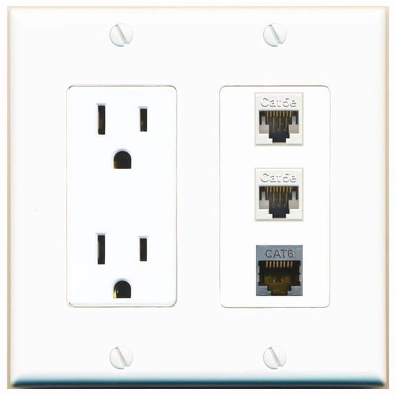RiteAV 15 Amp Power Outlet 2 Port CAT5E 1 CAT6-SHIELDED Jack Coupler Female-Female Decorative Wall Plate [White]
