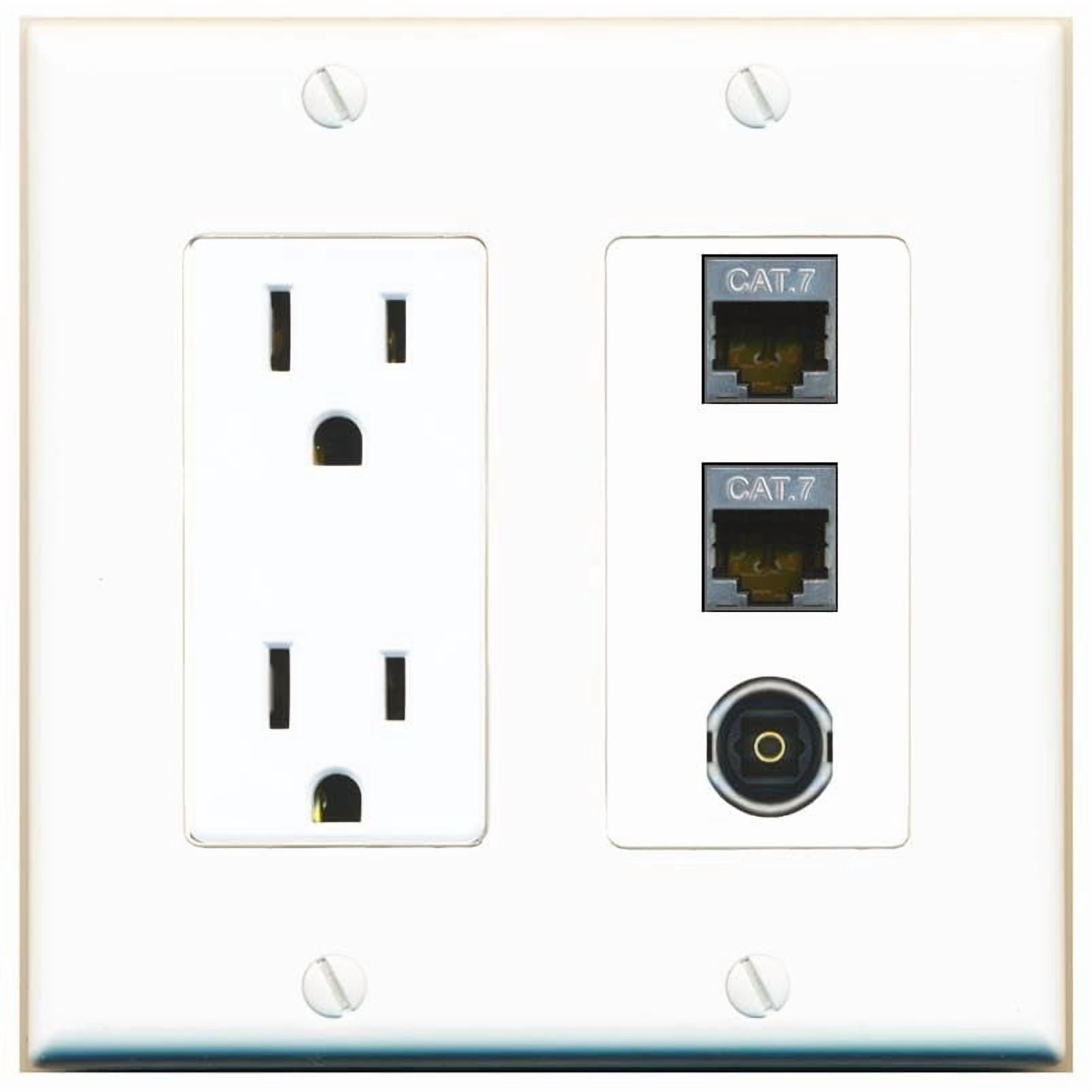 RiteAV 15 Amp Power Outlet 2 Port CAT7 1 TOSLINK Jack Coupler Female-Female Decorative Wall Plate [White]