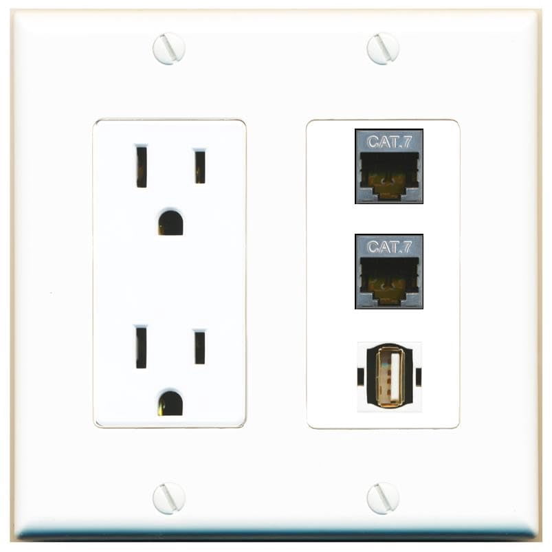 RiteAV 15 Amp Power Outlet 2 Port CAT7 1 USB2 Jack Coupler Female-Female Decorative Wall Plate [White]