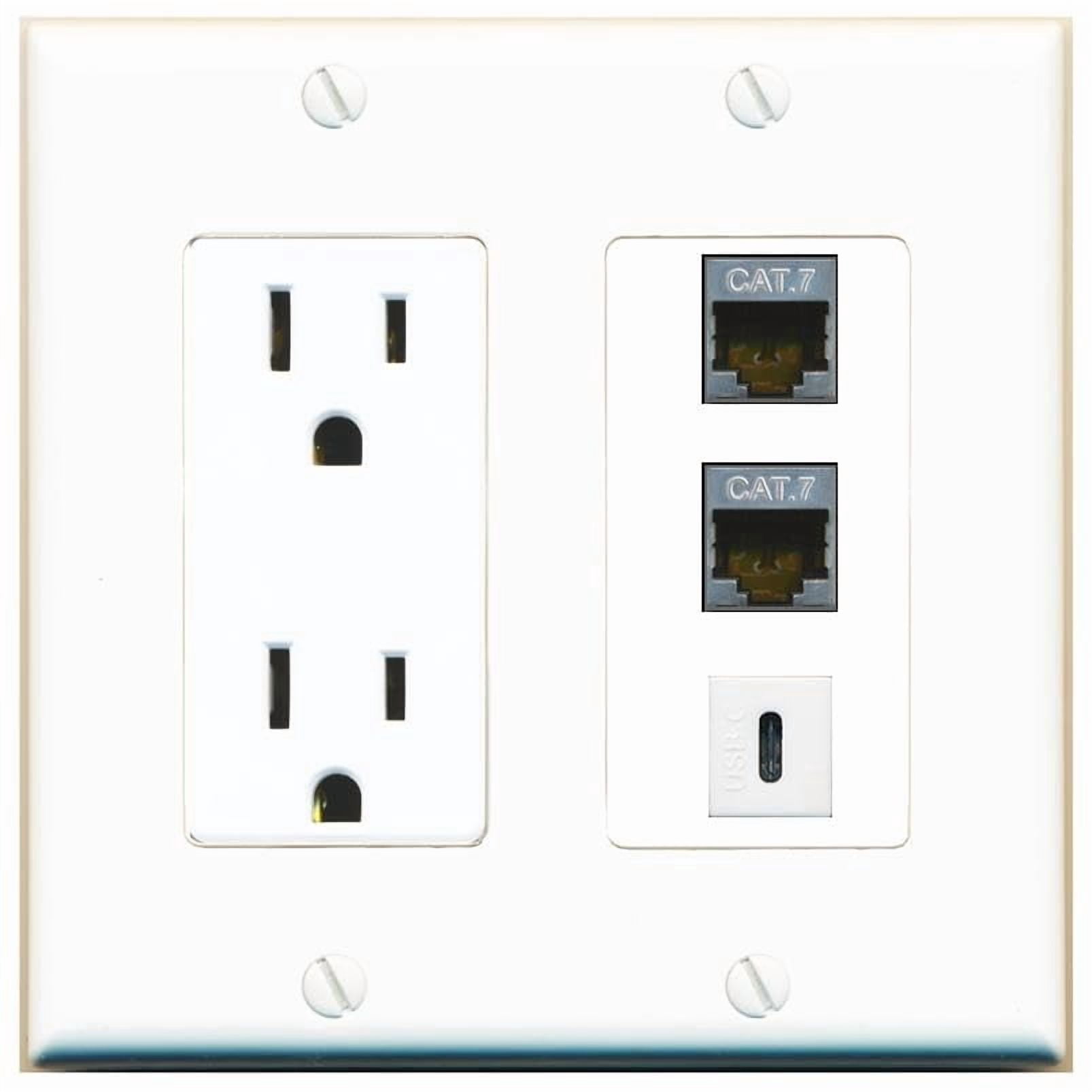 RiteAV 15 Amp Power Outlet 2 Port CAT7 1 USBC Jack Coupler Female-Female Decorative Wall Plate [White]