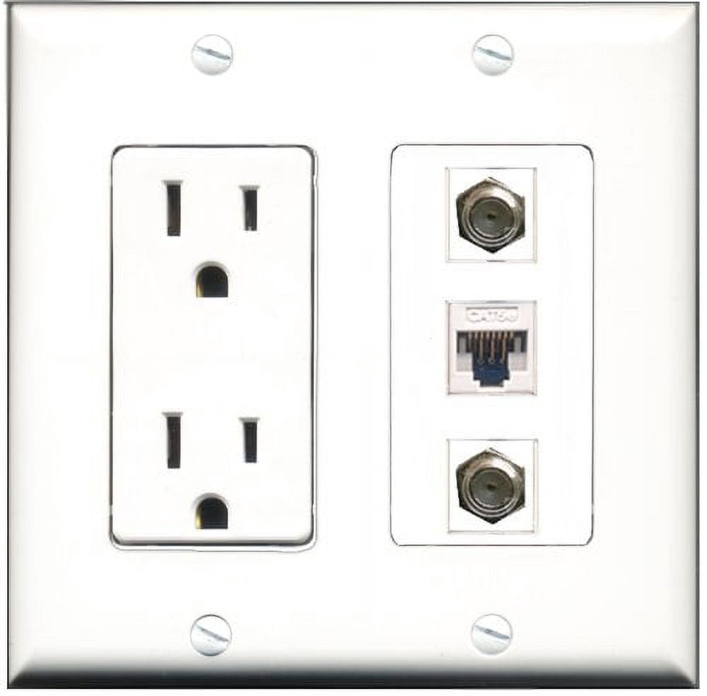 RiteAV - 15 Amp Power Outlet 2 Port Coax 1 Port Cat5e Ethernet White Decorative Wall Plate