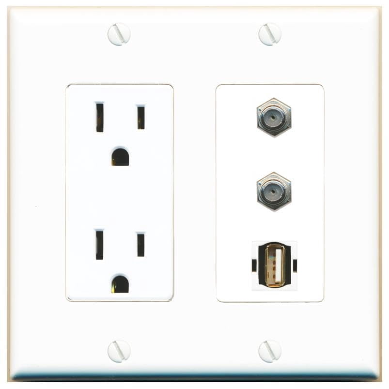 RiteAV 15 Amp Power Outlet 2 Port Coax 1 USB2 Jack Coupler Female-Female Decorative Wall Plate [White]