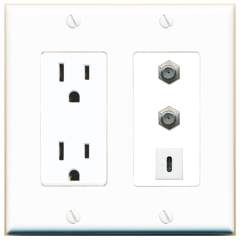 RiteAV 15 Amp Power Outlet 2 Port Coax 1 USBC Jack Coupler Female-Female Decorative Wall Plate [White]