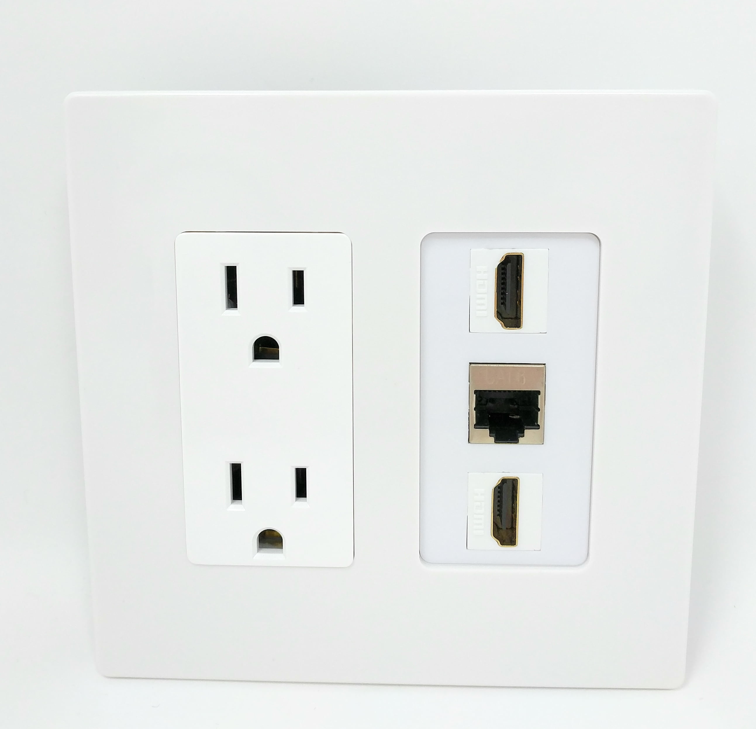 RiteAV - 15 Amp Power Outlet 2 Port HDMI 1 Port Shielded Cat6 Screwless Decorative Wall Plate - White