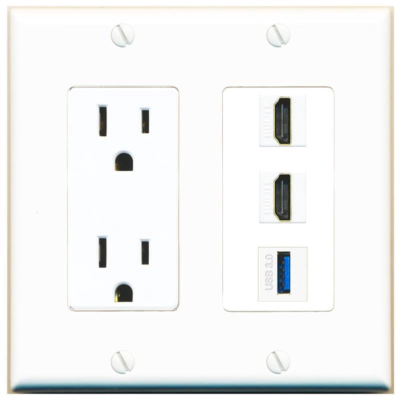 RiteAV 15 Amp Power Outlet 2 Port HDMI 1 USB-3 Jack Coupler Female-Female Decorative Wall Plate [White]
