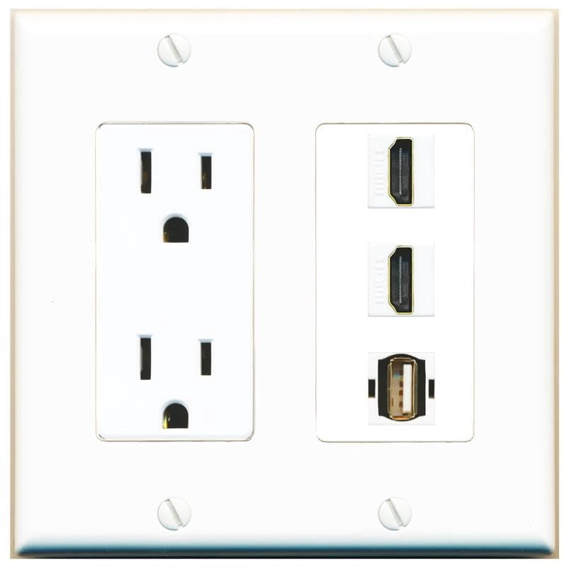 RiteAV 15 Amp Power Outlet 2 Port HDMI 1 USB2 Jack Coupler Female-Female Decorative Wall Plate [White]