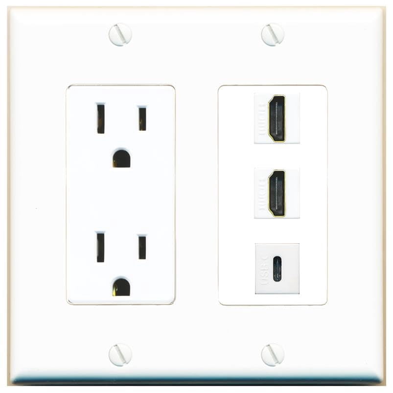 RiteAV 15 Amp Power Outlet 2 Port HDMI 1 USBC Jack Coupler Female-Female Decorative Wall Plate [White]
