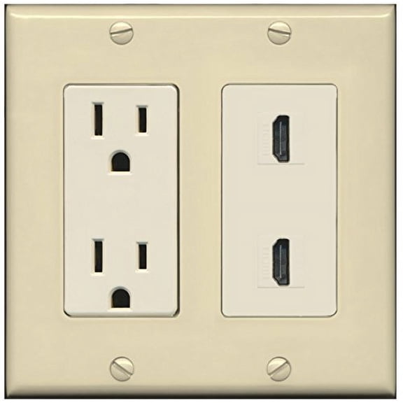 RiteAV - 15 Amp Power Outlet 2 Port HDMI Decorative Wall Plate - Ivory/Light Almond