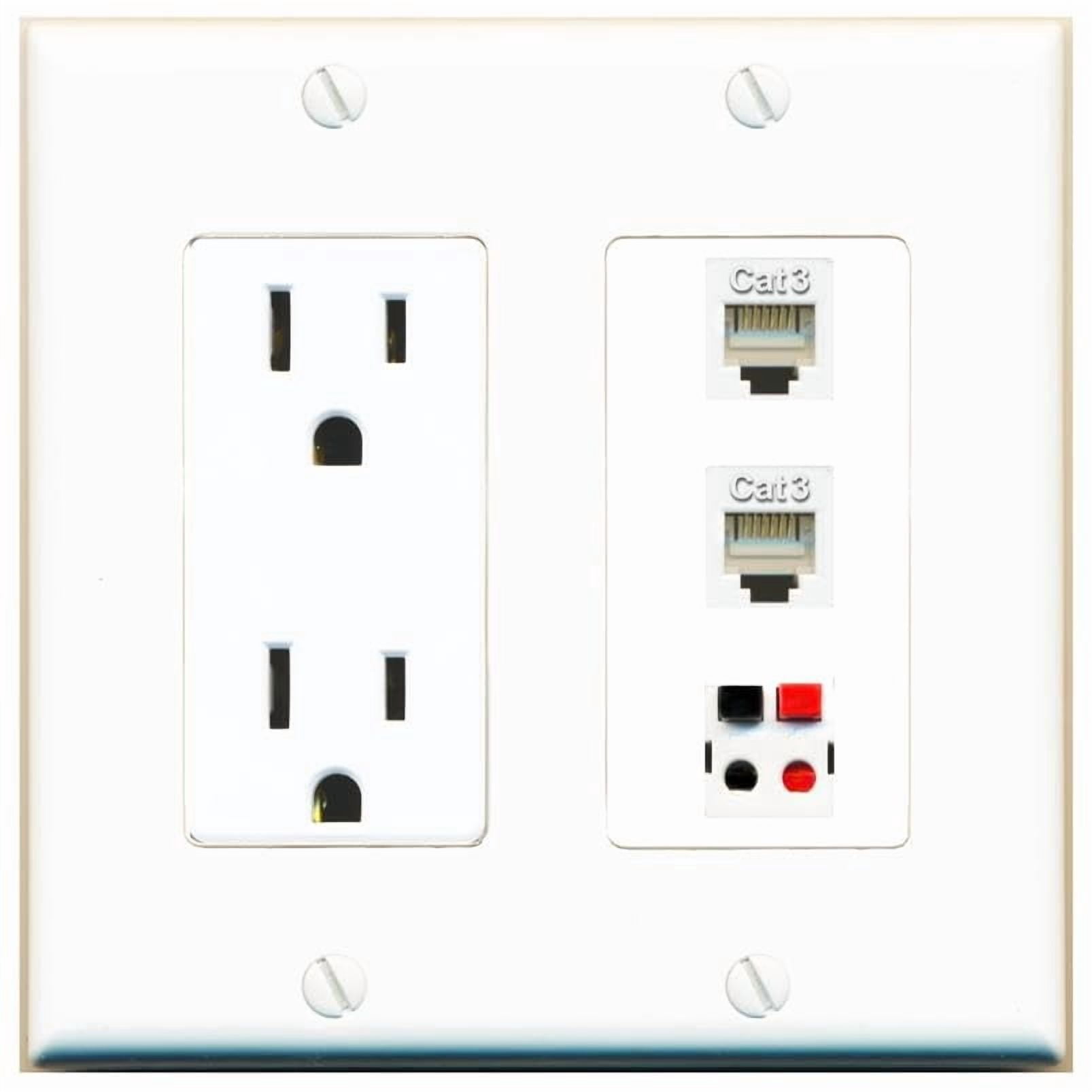 RiteAV 15 Amp Power Outlet 2 Port Phone 1 Speaker Jack Coupler Female-Female Decorative Wall Plate [White]