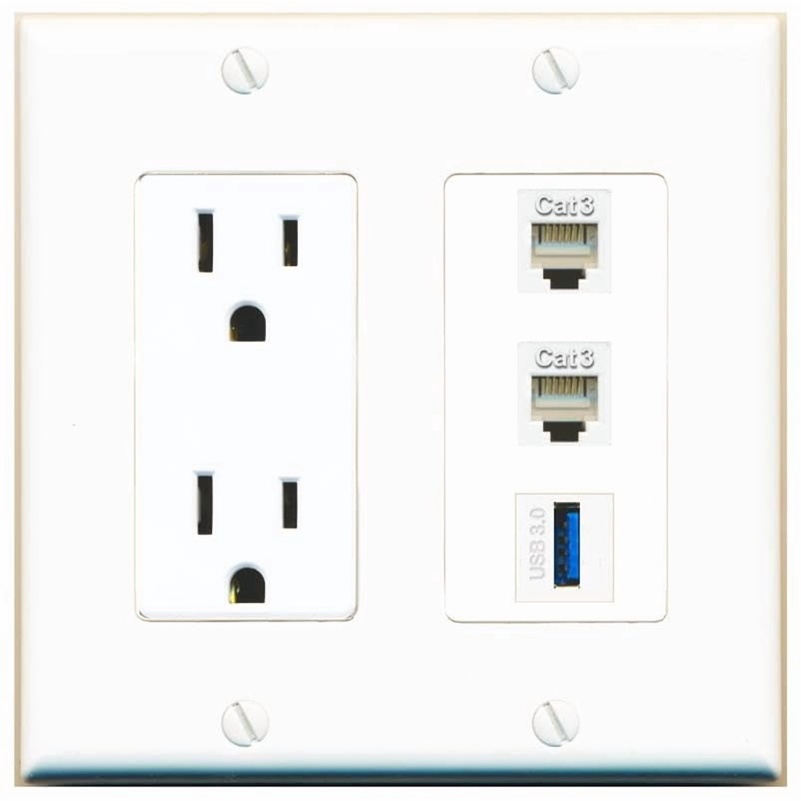 RiteAV 15 Amp Power Outlet 2 Port Phone 1 USB-3 Jack Coupler Female-Female Decorative Wall Plate [White]
