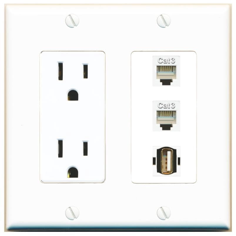 RiteAV 15 Amp Power Outlet 2 Port Phone 1 USB2 Jack Coupler Female-Female Decorative Wall Plate [White]