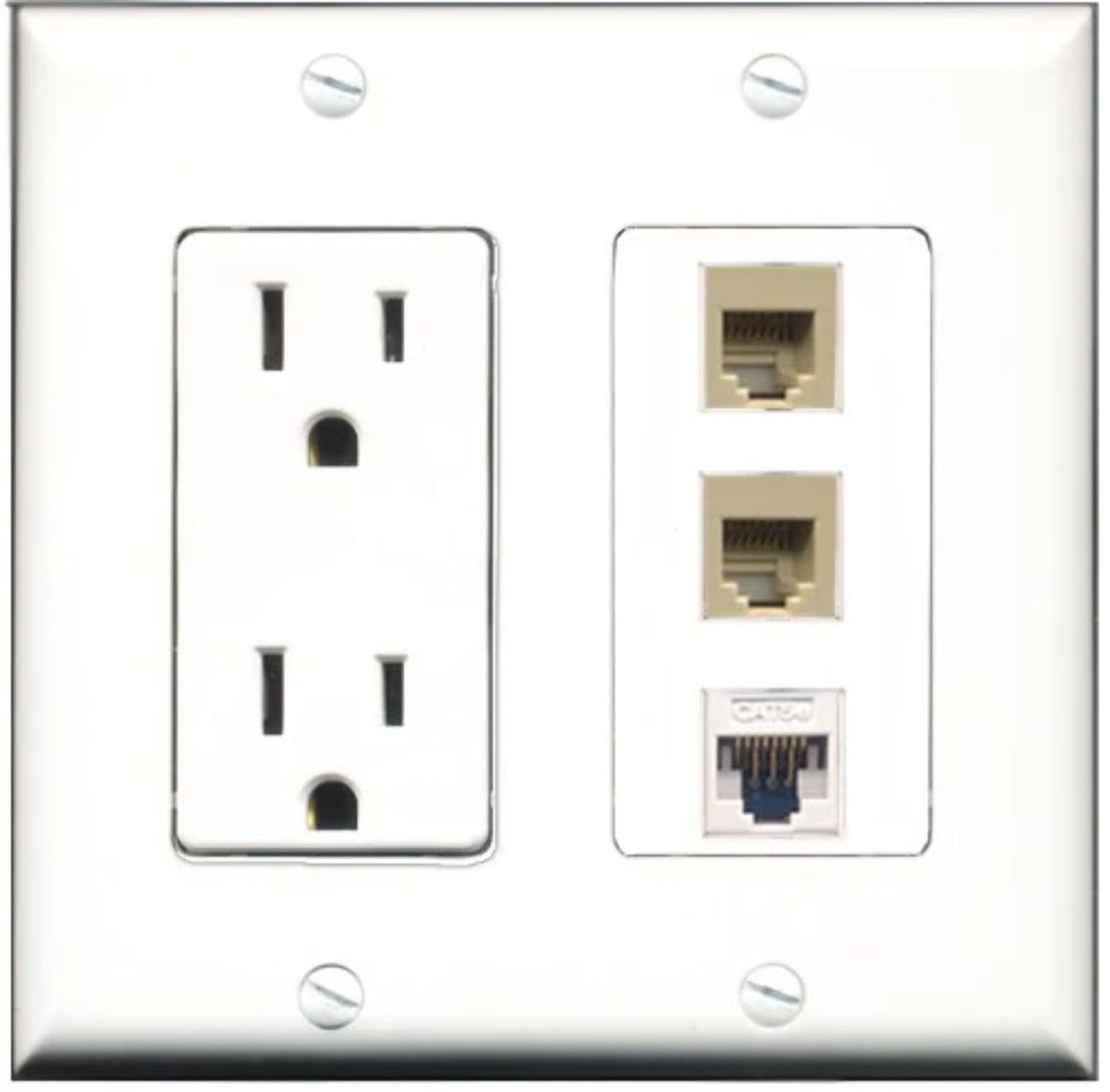 RiteAV - 15 Amp Power Outlet 2 Port Phone Beige 1 Port Cat5e Ethernet White Decorative Wall Plate