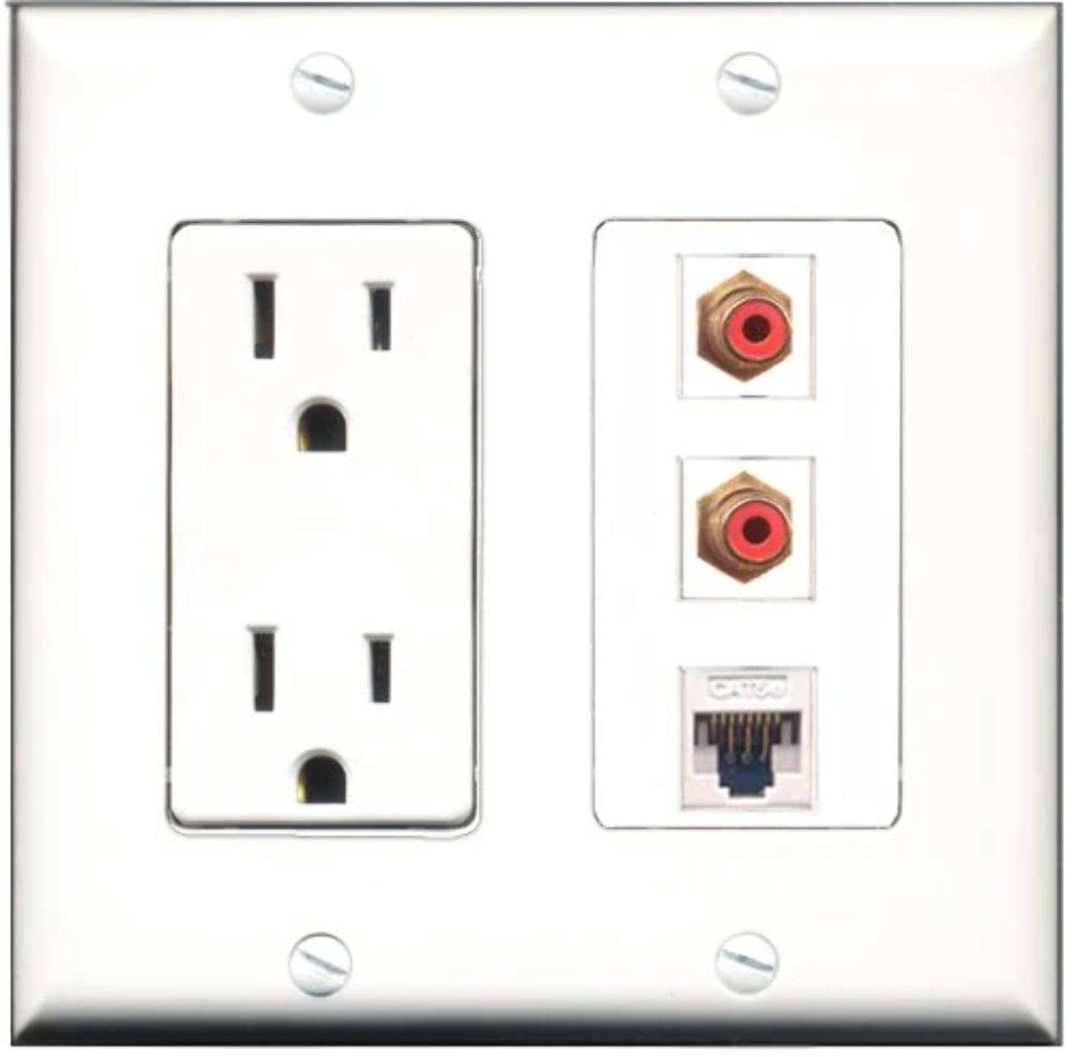 RiteAV - 15 Amp Power Outlet 2 Port RCA Red 1 Port Cat5e Ethernet White Decorative Wall Plate