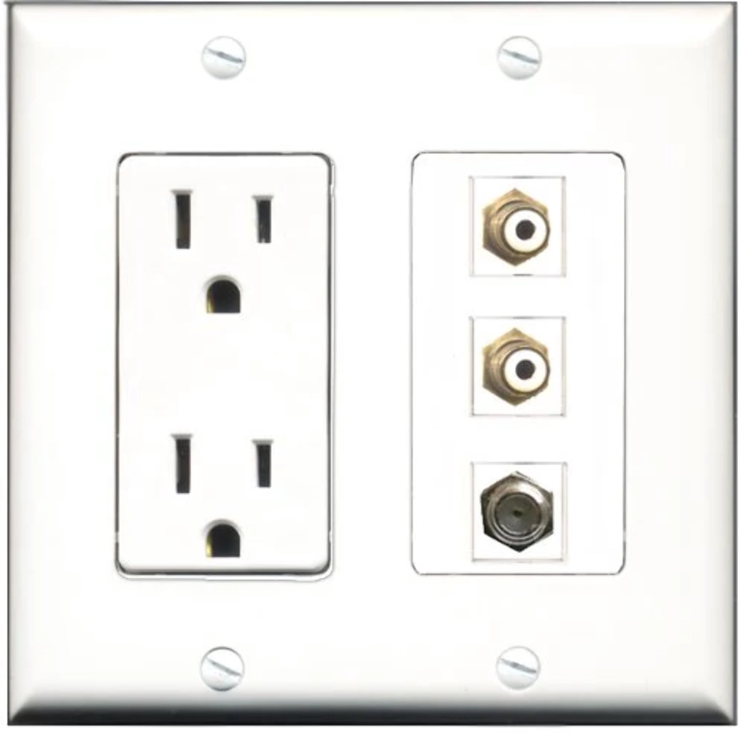 RiteAV - 15 Amp Power Outlet 2 Port RCA White 1 Port Coax Decorative Wall Plate