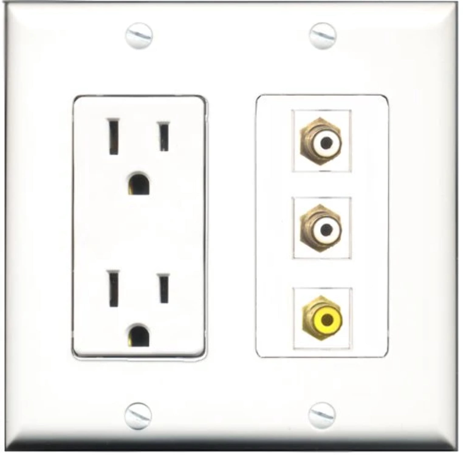 RiteAV - 15 Amp Power Outlet 2 Port RCA White 1 Port RCA Yellow Decorative Wall Plate