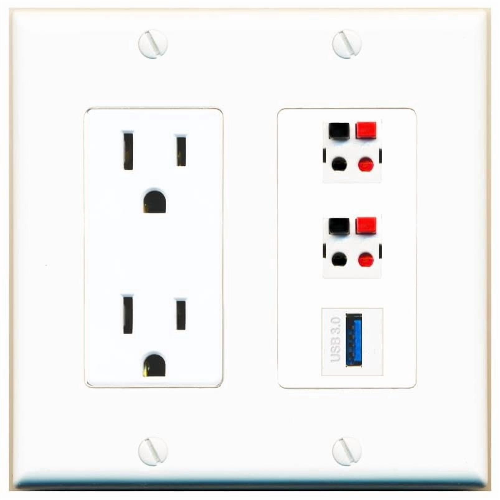 RiteAV 15 Amp Power Outlet 2 Port Speaker 1 USB-3 Jack Coupler Female-Female Decorative Wall Plate [White]