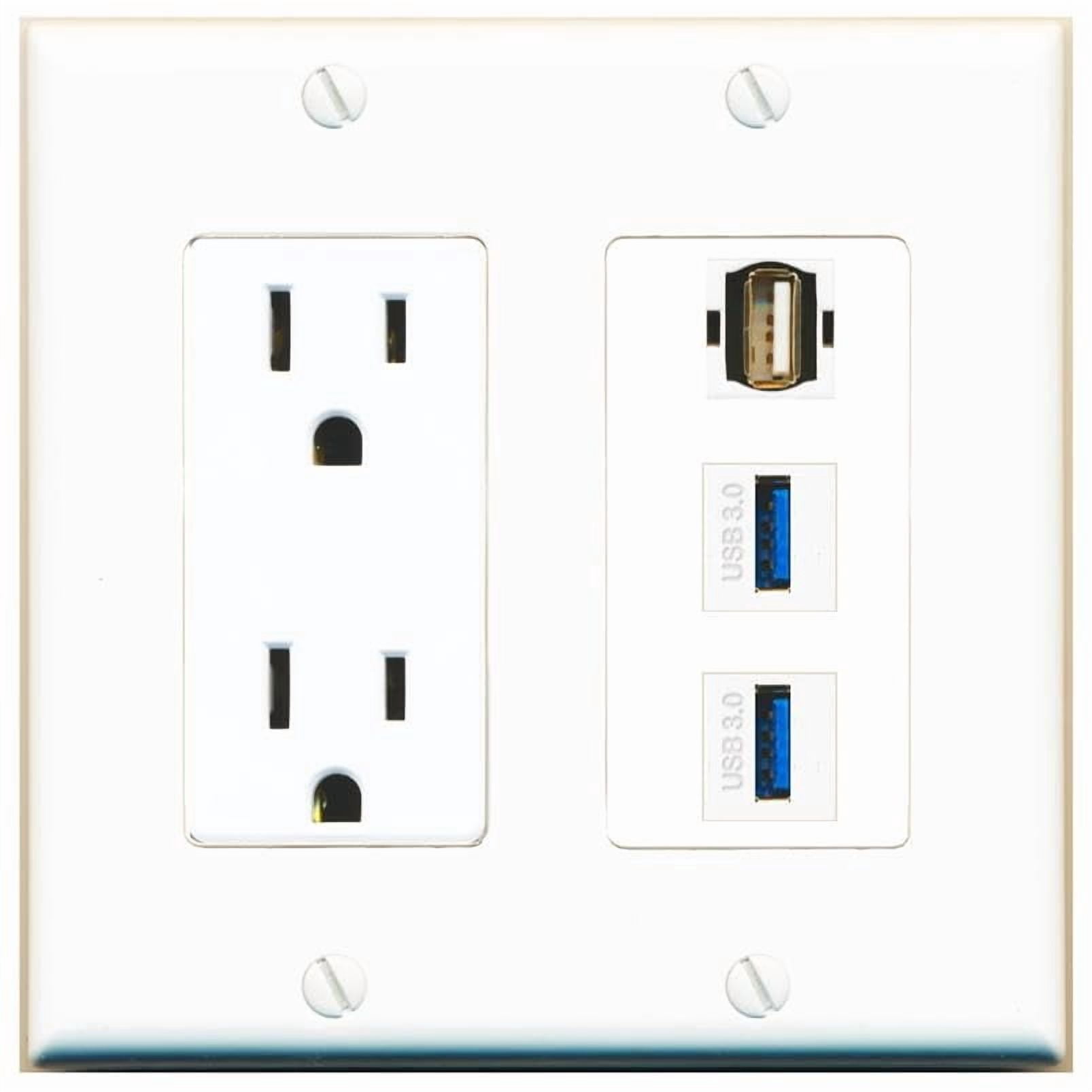 RiteAV 15 Amp Power Outlet 2 Port USB-3 1 USB2 Jack Coupler Female-Female Decorative Wall Plate [White]