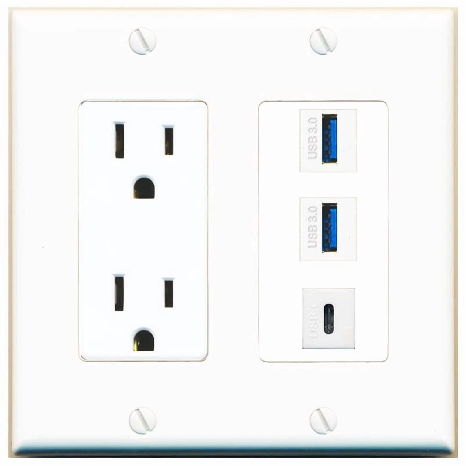 RiteAV 15 Amp Power Outlet 2 Port USB-3 1 USBC Jack Coupler Female-Female Decorative Wall Plate [White]